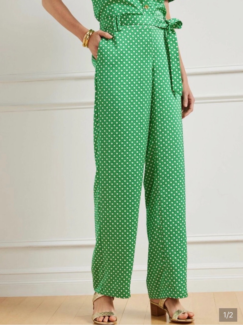 Talbots Green Satin Wide-Leg Printed Tie-Waist Pants